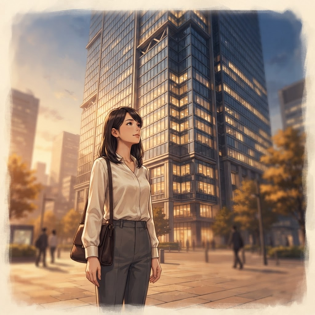 女性が会社のビルと吹き出しで会話しているイラスト